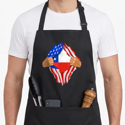 Chilean blood apron - Hands tearing red white blue stripes to reveal Chilean flag — shown on a black cotton canvas apron against a white background