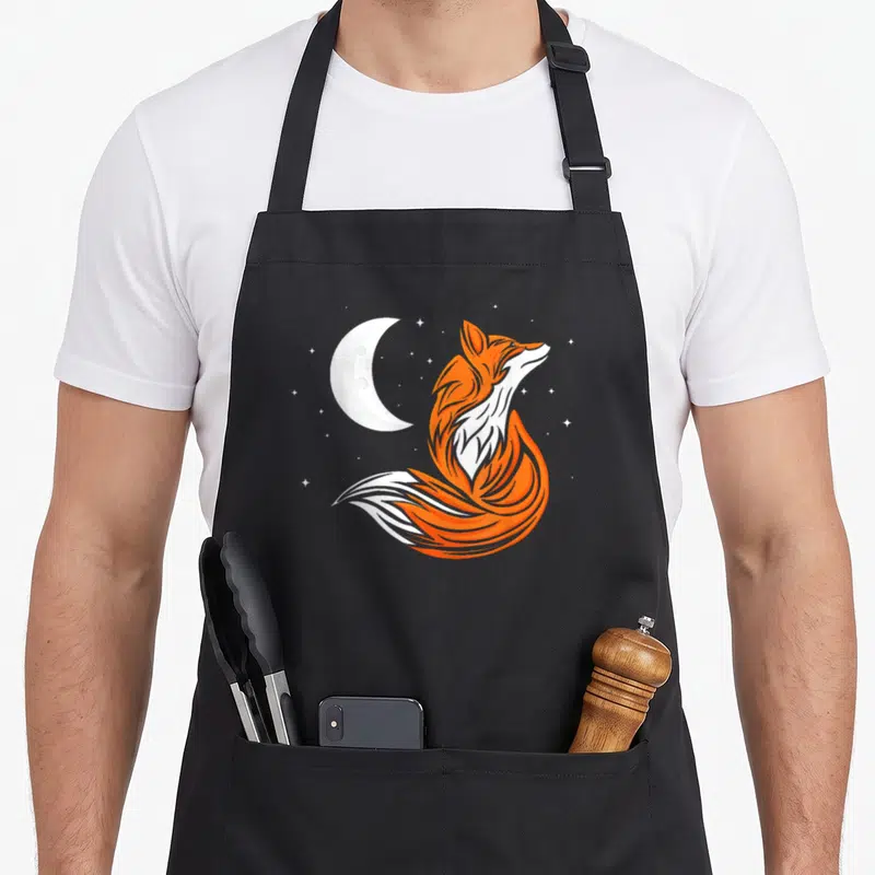 Camper fox aprons - Stylized orange and white fox sitting near a crescent moon and stars — shown on a black cotton canvas apron against a white background