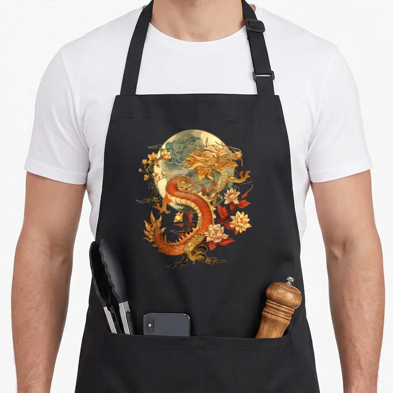 Crimson floral apron - Coiled dragon and moon with orange and red flowers — shown on a black cotton canvas apron against a white background