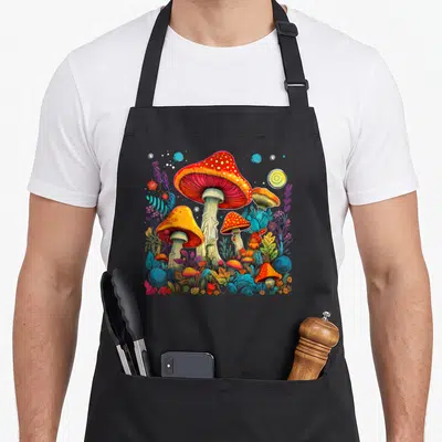 Hippie mushroom apron - Cartoon cluster of red and orange mushrooms with blue plants and floating bubbles — shown on a black cotton canvas apron against a white background