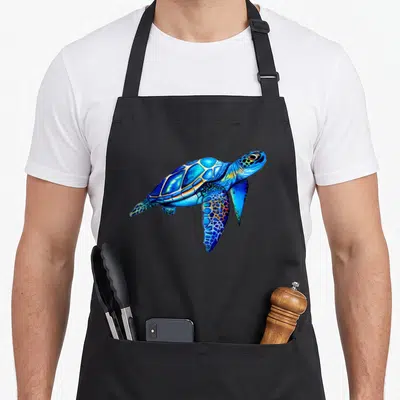 Watercolor hawaiian apron - Blue cyan yellow watercolor sea turtle illustration — shown on a black cotton canvas apron against a white background