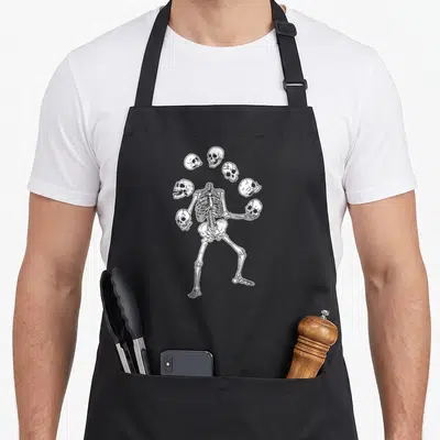 Juggling skull skeleton apron - White line art of a headless skeleton balancing skulls in a semi-circle arc — shown on a black cotton canvas apron against a white background