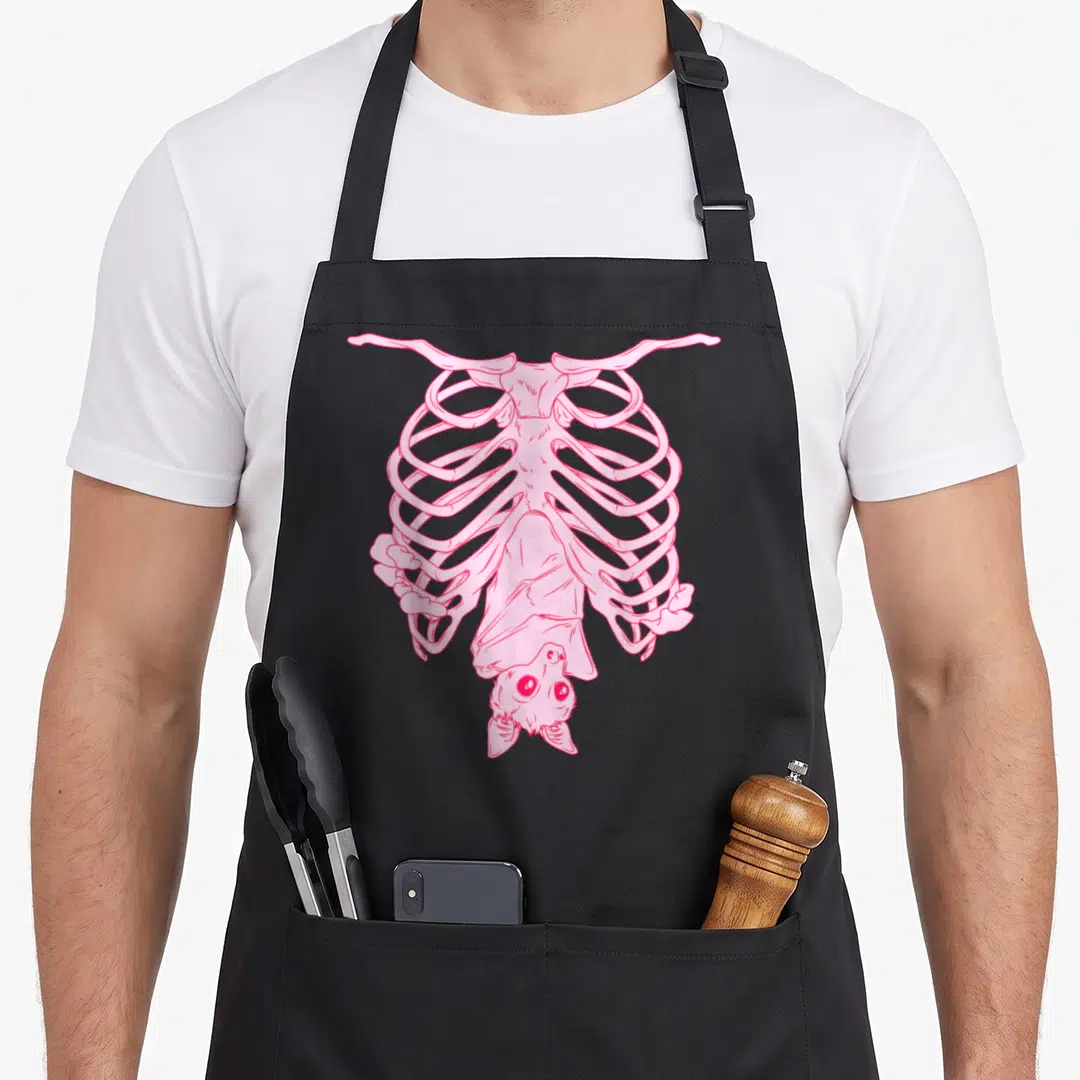 Witchy goth apron - Pink line-art bat hanging upside down inside ribcage sketch — shown on a black cotton canvas apron against a white background