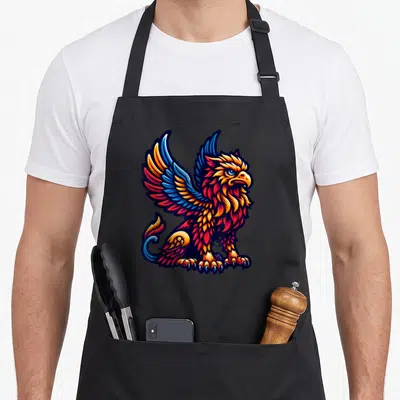 Funny griffin mythical apron - Cartoon griffin illustration in blue red yellow and orange colors — shown on a black cotton canvas apron against a white background