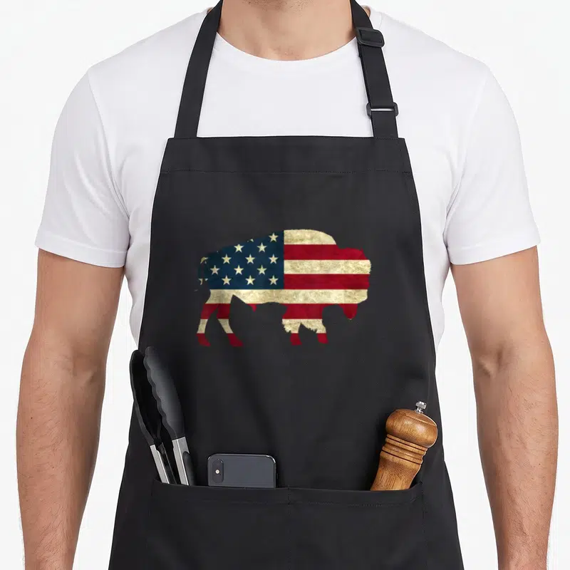 Buffalo bison american flag apron - Distressed bison silhouette filled with red white and blue flag pattern — shown on a black cotton canvas apron against a white background