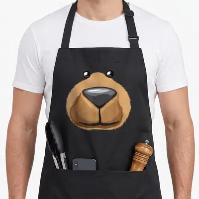 Costume teddy bear apron - Realistic brown dog snout and black nose print on apron front — shown on a black cotton canvas apron against a white background