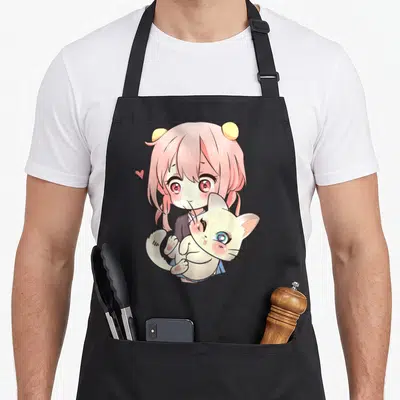 Manga kawaii cooking apron - Pink haired girl holding white cat with floating heart cartoon art — shown on a black cotton canvas apron against a white background