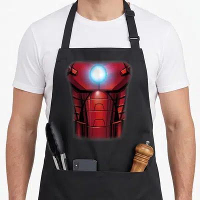 Funny costume hobby halloween apron - Iron Man chest plate with glowing arc reactor in red gold and blue cartoon style — shown on a black cotton canvas apron against a white background