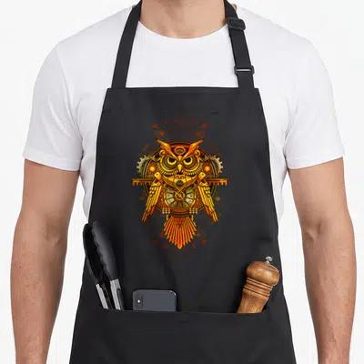 Owl mechanical apron - Steampunk owl illustration with gears, clock face, and geometric triangles in orange, yellow — shown on a black cotton canvas apron against a white background