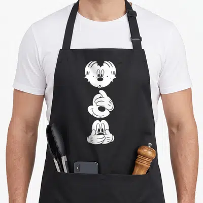 Three face apron - Three white cartoon faces stacked vertically: surprised head, pointing hand, hands covering mouth — shown on a black cotton canvas apron against a white background