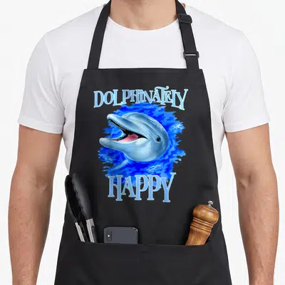 Dolphinately dolphin apron - Blue water splash with cartoon dolphin head and arched DOLPHINATELY HAPPY text — shown on a black cotton canvas apron against a white background