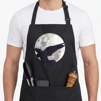 Night gothic apron - Realistic raven flying in front of a large full moon in dark purple and grey — shown on a black cotton canvas apron against a white background