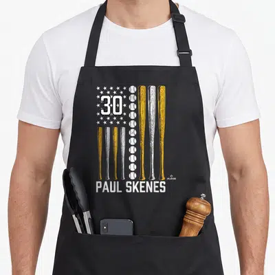 Paul american flag apron - Distressed flag design with 30, baseballs, yellow and white bats, and PAUL SKENES text — shown on a black cotton canvas apron against a white background