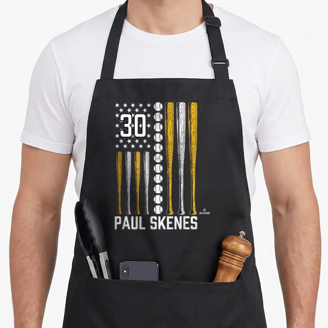 Paul american flag apron - Distressed flag design with 30, baseballs, yellow and white bats, and PAUL SKENES text — shown on a black cotton canvas apron against a white background