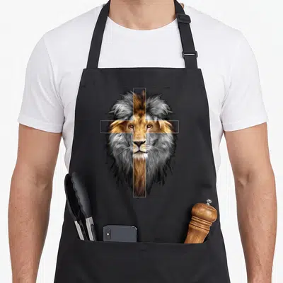 Jesus judah lions apron - Realistic lion head with white cross outline in brown and grey tones — shown on a black cotton canvas apron against a white background
