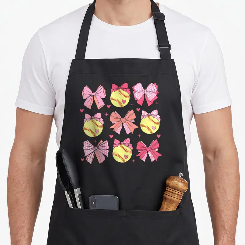 Coquette mother's day aprons - Yellow softballs with pink bows and hearts in a 3x3 cartoon grid pattern — shown on a black cotton canvas apron against a white background
