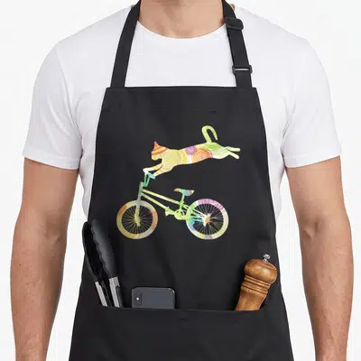 Cat cycling apron - Jumping cat and bicycle filled with colorful swirl patterns in yellow, orange, red, purple, green — shown on a black cotton canvas apron against a white background
