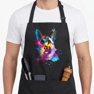 Splash dog mom apron - Multicolored German Shepherd watercolor splash art print with blue red yellow magenta splatters — shown on a black cotton canvas apron against a white background