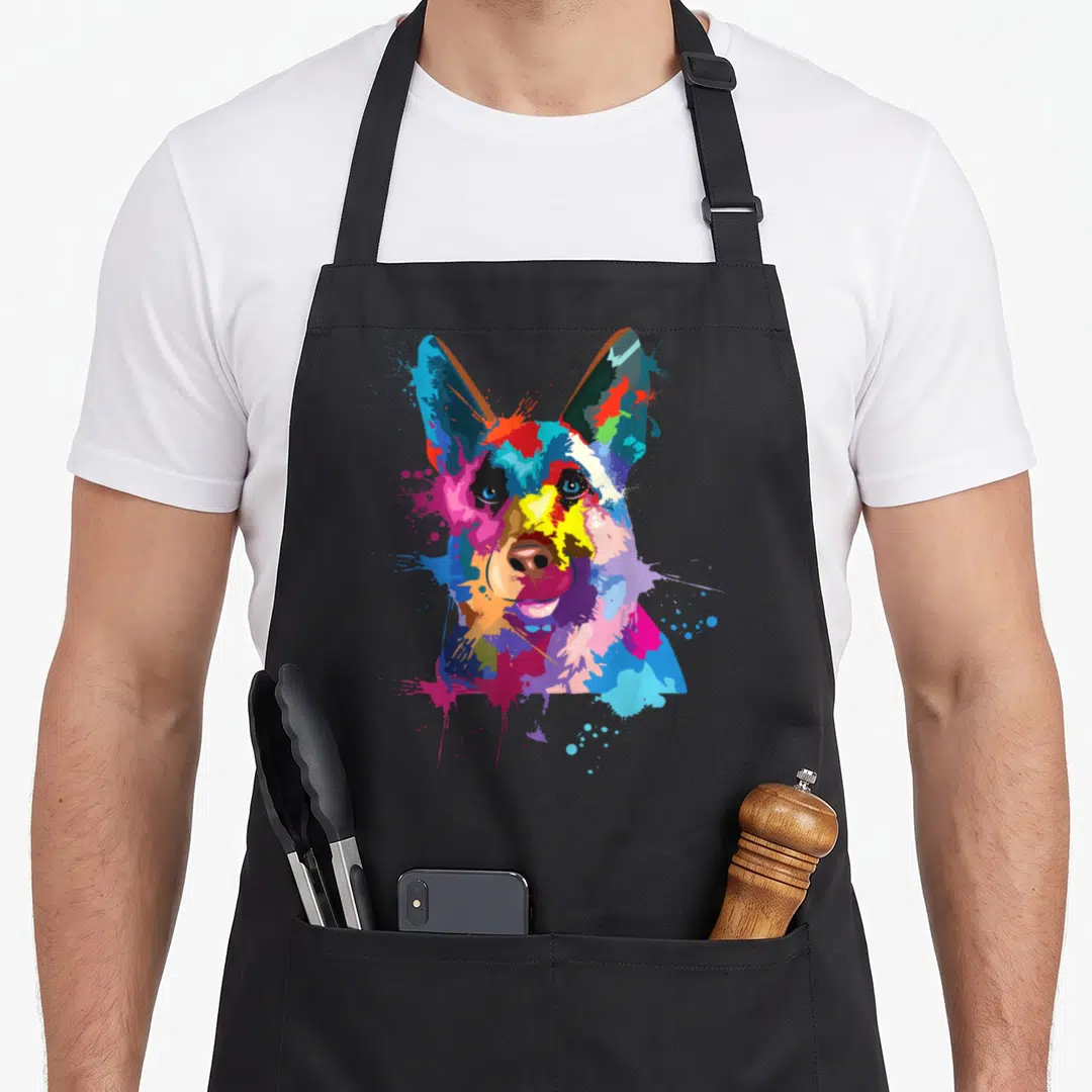 Splash dog mom apron - Multicolored German Shepherd watercolor splash art print with blue red yellow magenta splatters — shown on a black cotton canvas apron against a white background