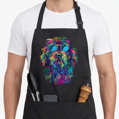 Labradoodle pop dog apron - Cartoon multicolored dog head with blue sunglasses in pop art style — shown on a black cotton canvas apron against a white background