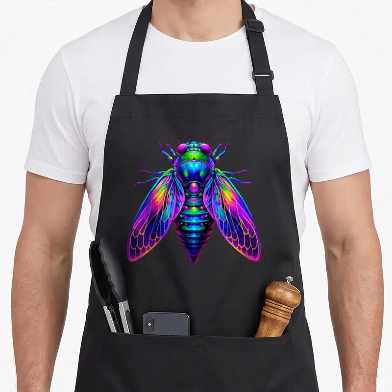 Cicada entomologist apron - Neon blue, purple, green, and pink cicada insect art — shown on a black cotton canvas apron against a white background