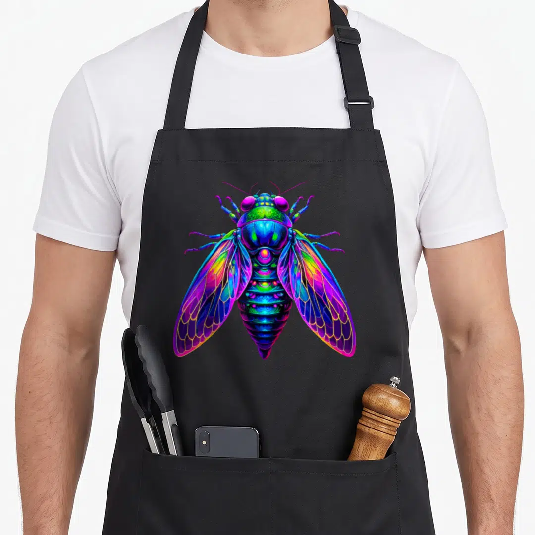 Cicada entomologist apron - Neon blue, purple, green, and pink cicada insect art — shown on a black cotton canvas apron against a white background