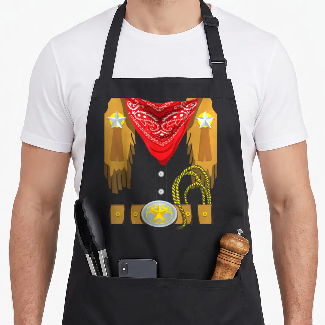 Sheriff cowboy apron - Cartoon western outfit flat lay with red bandana, silver stars, and yellow lasso on black apron — shown on a black cotton canvas apron against a white background