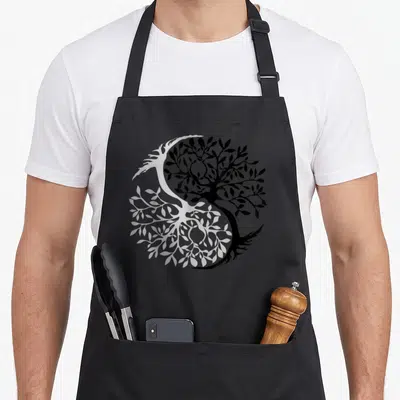 Yang symbol tree apron - Two mirrored trees in black and silver forming a circular yin yang symbol — shown on a black cotton canvas apron against a white background