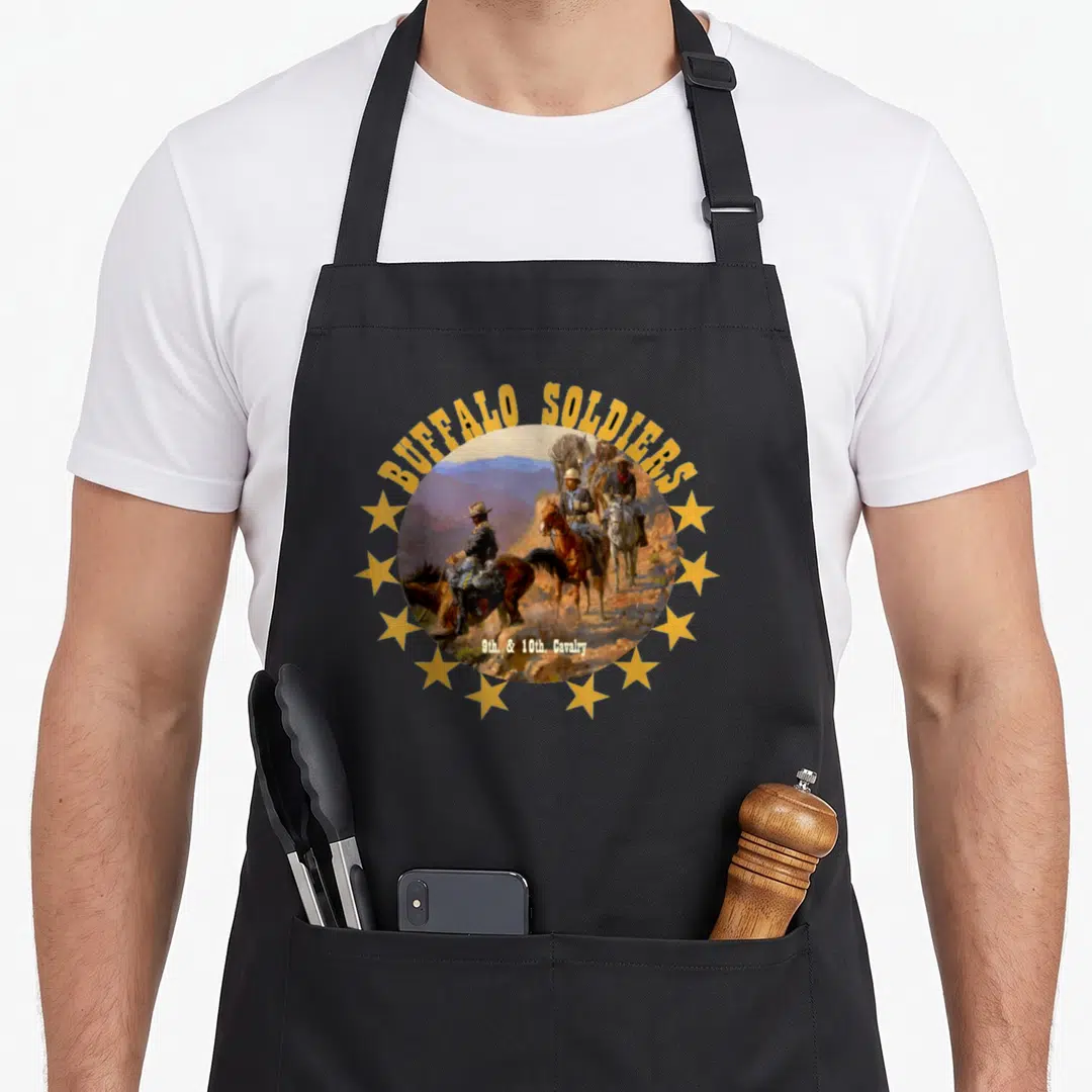 Buffalo african american aprons - Circular painting of soldiers on horseback with gold stars and Buffalo Soldiers 9th — shown on a black cotton canvas apron against a white background