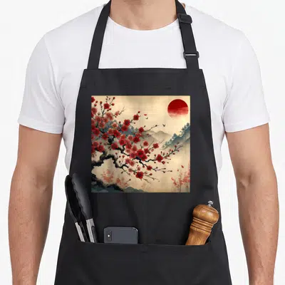 Woodblock cherry print apron - Red cherry blossom tree, red sun, mountains, and blue water on a black bib apron — shown on a black cotton canvas apron against a white background