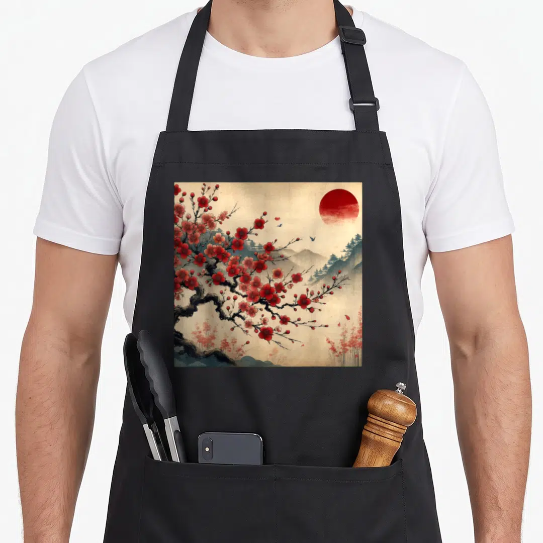 Woodblock cherry print apron - Red cherry blossom tree, red sun, mountains, and blue water on a black bib apron — shown on a black cotton canvas apron against a white background