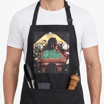 Game shooting apron - Five dogs playing pool under a lamp in retro black, yellow, green, and brown — shown on a black cotton canvas apron against a white background