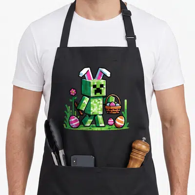 Pixel easter bunny aprons - Pixelated green creature with bunny ears holding basket of eggs surrounded by flowers — shown on a black cotton canvas apron against a white background