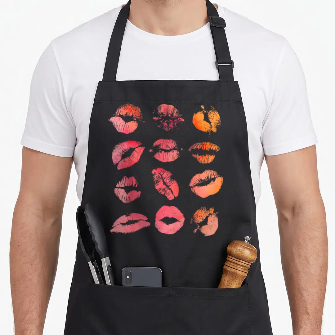 Kissing graphic wife apron - Twelve red, orange, and pink watercolor lip prints in a 4x3 grid — shown on a black cotton canvas apron against a white background