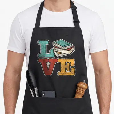 Reader reading book apron - Retro LOVE text with stacked books replacing the O in teal, red, and yellow — shown on a black cotton canvas apron against a white background