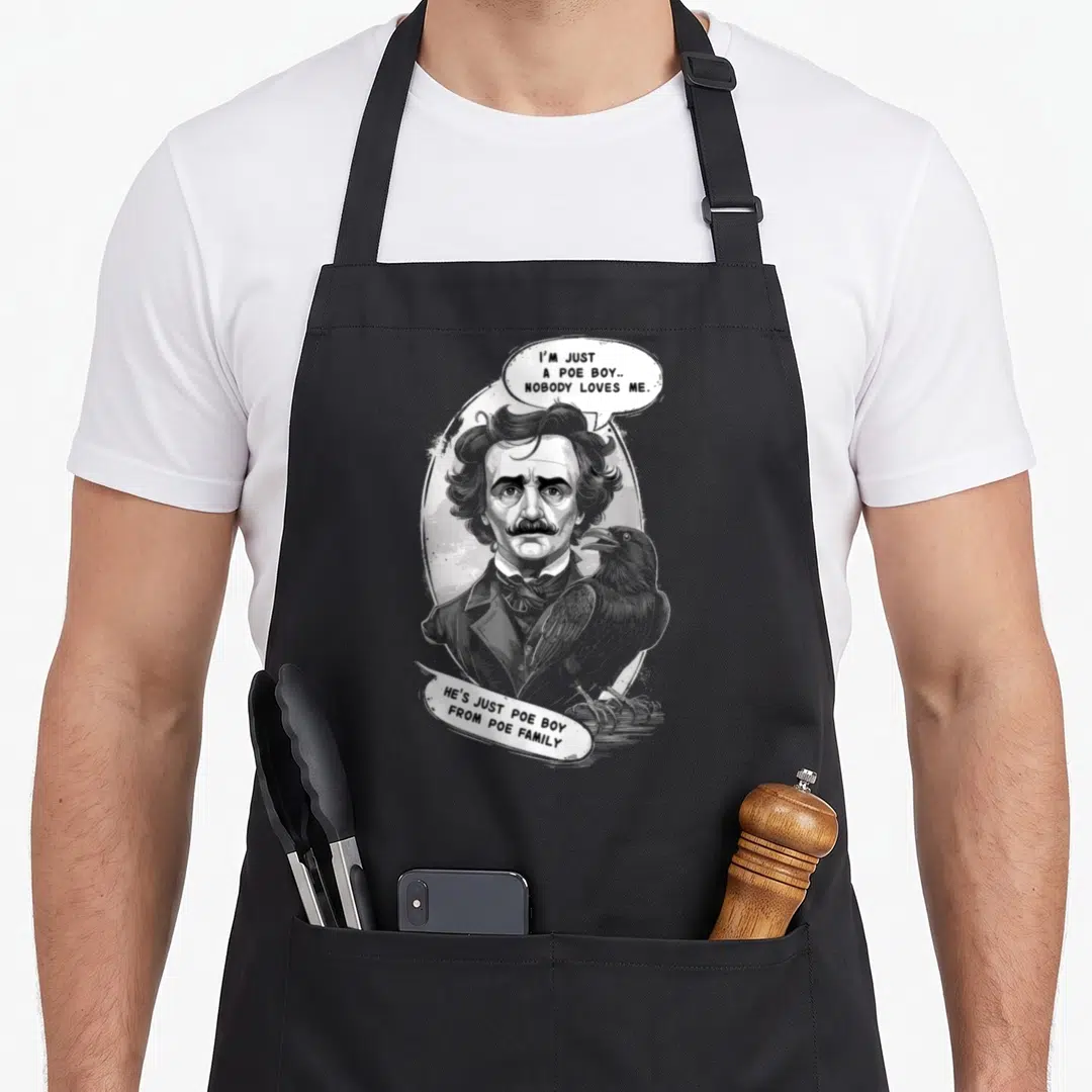 Literature gothic apron - Edgar Allan Poe portrait with raven perched on shoulder and pun text in grey and black — shown on a black cotton canvas apron against a white background