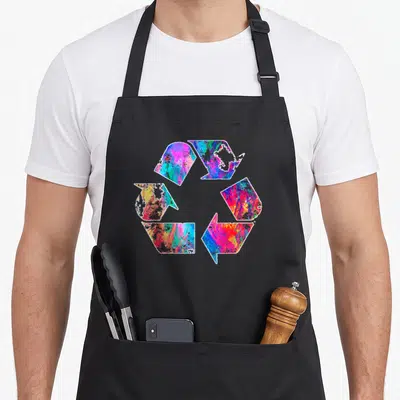 Earth eco friendly apron - Multicolored tie-dye recycle symbol in blue pink yellow and red on canvas — shown on a black cotton canvas apron against a white background