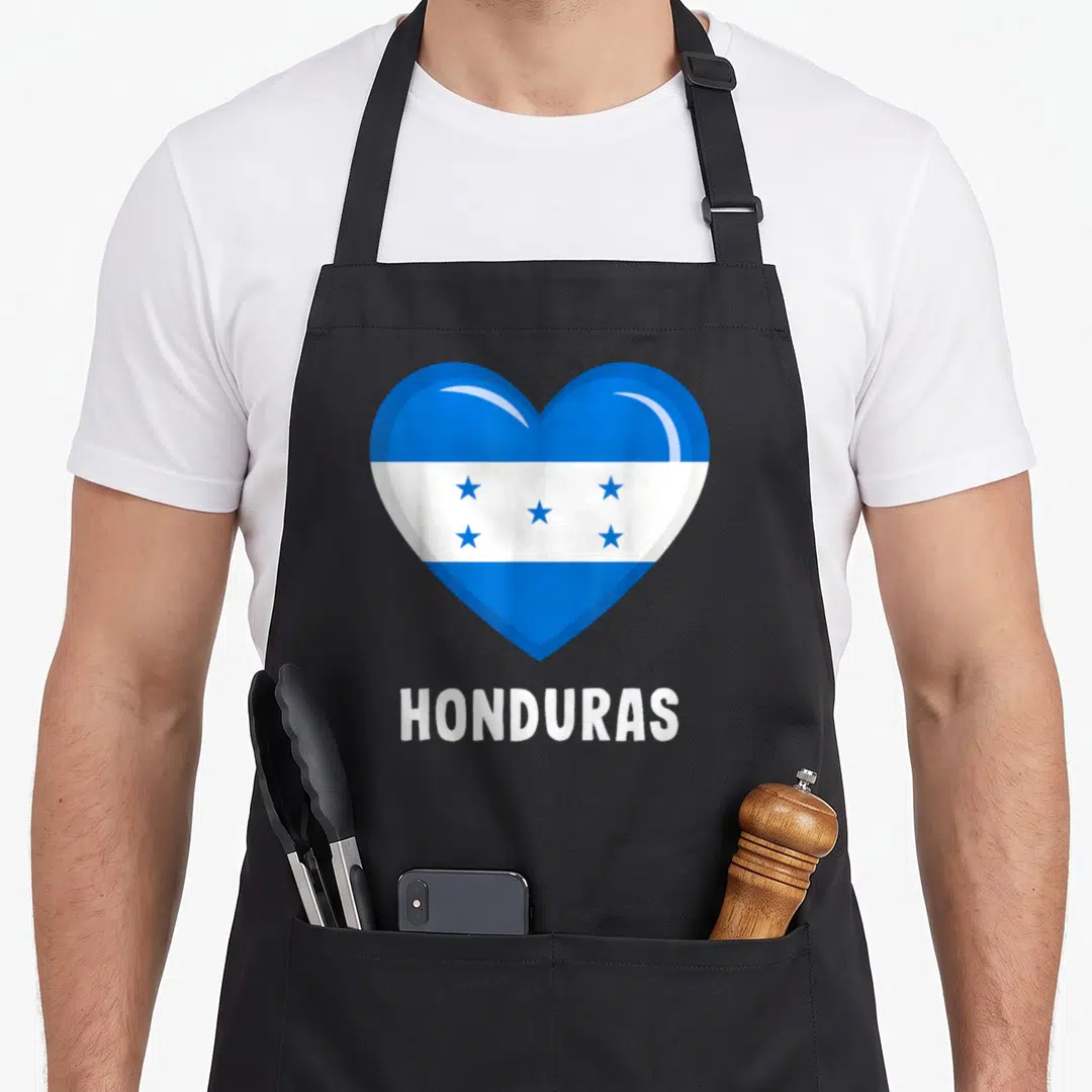 Jersey honduran boy apron - Blue and white heart shaped flag with five stars above HONDURAS text — shown on a black cotton canvas apron against a white background