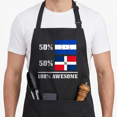Honduran pride apron - Stacked Honduran and Dominican flags next to 50% 50% 100% awesome text in white blue and red — shown on a black cotton canvas apron against a white background