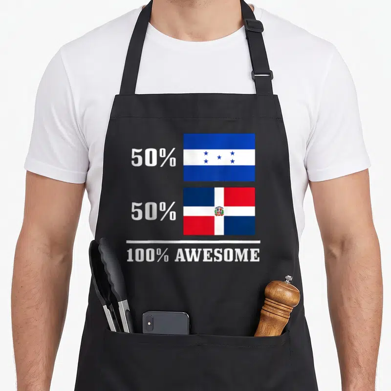Honduran pride apron - Stacked Honduran and Dominican flags next to 50% 50% 100% awesome text in white blue and red — shown on a black cotton canvas apron against a white background