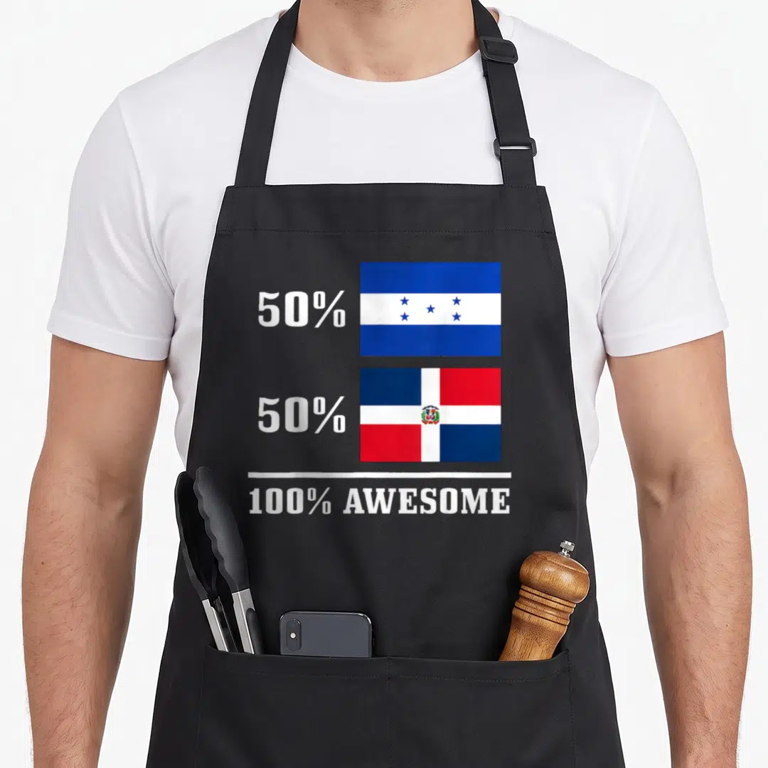 Honduran pride apron - Stacked Honduran and Dominican flags next to 50% 50% 100% awesome text in white blue and red — shown on a black cotton canvas apron against a white background