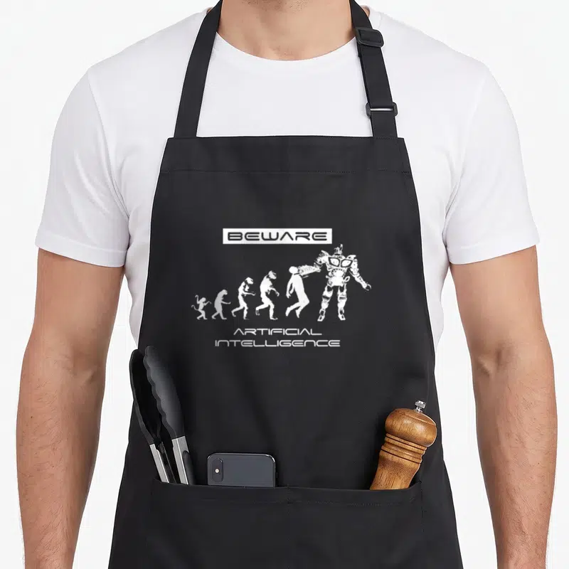 Beware ai apron - White evolution silhouettes ending in a robot with stacked Beware Artificial Intelligence text — shown on a black cotton canvas apron against a white background