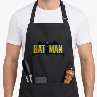 Retro distressed apron - Vintage BATMAN text in yellow and blue over black bat symbol with distressed texture — shown on a black cotton canvas apron against a white background