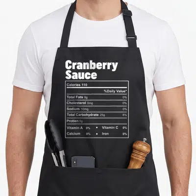 Food cranberry thanksgiving apron - White nutrition label text showing 110 calories and 0g fat for cranberry sauce — shown on a black cotton canvas apron against a white background