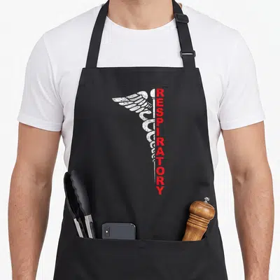 Lung my therapy apron - Distressed white caduceus symbol beside vertical red respiratory text — shown on a black cotton canvas apron against a white background