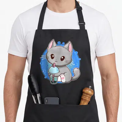 Japanese kitty cat apron - Grey cartoon cat holding bubble tea drink inside blue circle with pink details — shown on a black cotton canvas apron against a white background