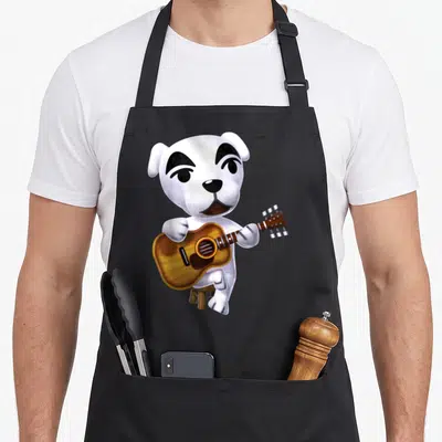 Slider cross apron - White cartoon dog sitting on a stool holding a brown guitar — shown on a black cotton canvas apron against a white background