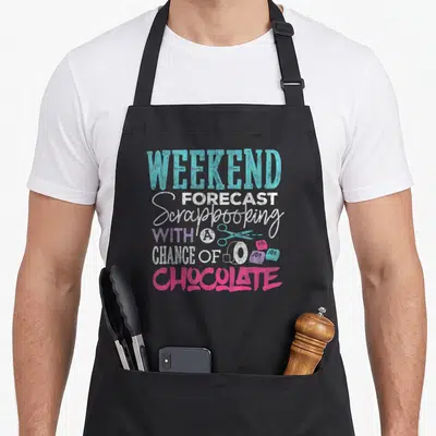 Weekend crafting apron - Stacked text reading Weekend Forecast Scrapbooking With A Chance Of Chocolate with scissors — shown on a black cotton canvas apron against a white background