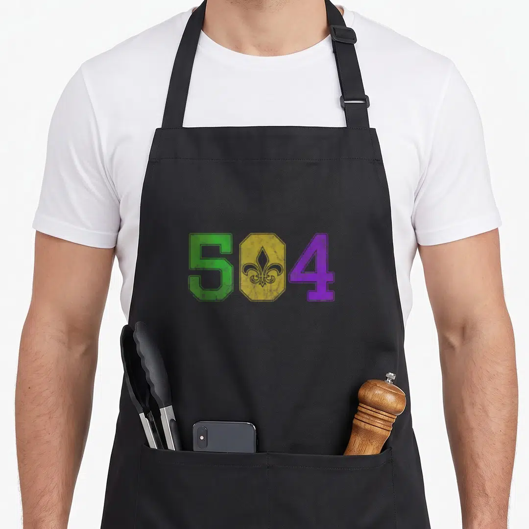 Mardi louisiana apron - Green 5 and purple 4 flanking a yellow shield with a purple fleur-de-lis representing the 504 — shown on a black cotton canvas apron against a white background