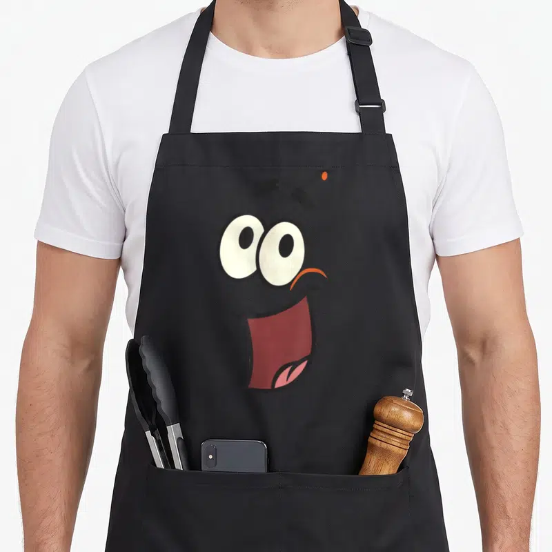 Squarepant costume face apron - Cartoon face with two eyes and red open mouth in black white and red — shown on a black cotton canvas apron against a white background